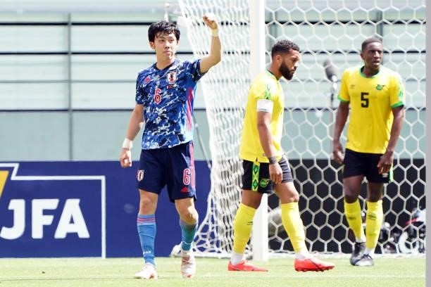 Wataru Endo of Japan U-24 celebrates scoring his side's second goal during the U-24 international friendly match between Japan and Jamaica at the...