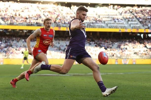 Luke Ryan of the Dockers in action during the round 13 AFL match between the Fremantle Dockers and the Gold Coast Suns at Optus Stadium on June 12,...