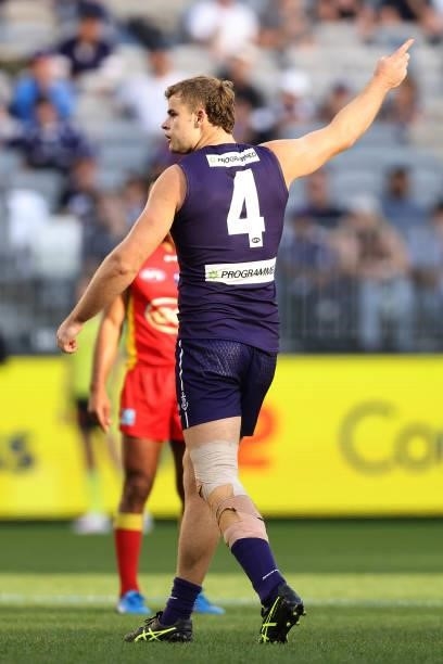 Sean Darcy of the Dockers celebrates a goal during the round 13 AFL match between the Fremantle Dockers and the Gold Coast Suns at Optus Stadium on...