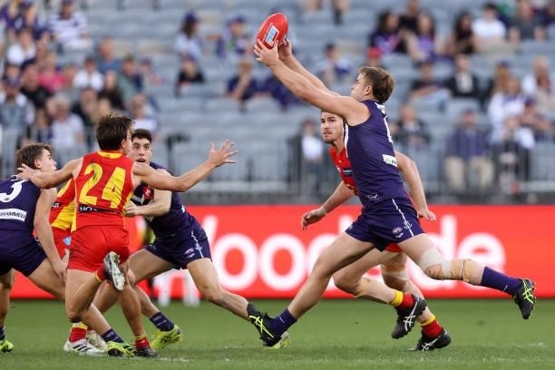 Sean Darcy of the Dockers in action during the round 13 AFL match between the Fremantle Dockers and the Gold Coast Suns at Optus Stadium on June 12,...