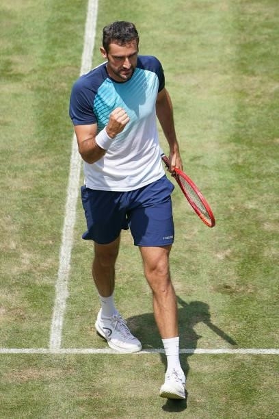 Marin Cilic of Croatia celebrates during his half-final match against Jurij Rodionov of Austria during day 6 of the MercedesCup at Tennisclub...