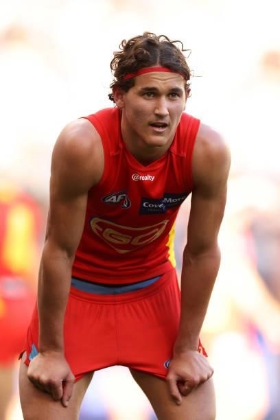Wil Powell of the Suns looks on during the round 13 AFL match between the Fremantle Dockers and the Gold Coast Suns at Optus Stadium on June 12, 2021...