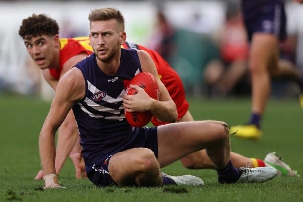 Taylin Duman of the Dockers looks on during the round 13 AFL match between the Fremantle Dockers and the Gold Coast Suns at Optus Stadium on June 12,...