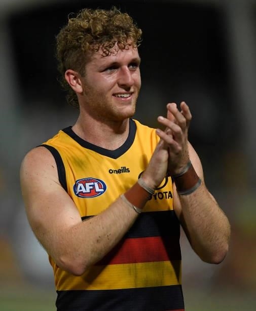 Andrew McPherson of the Crows celebrates after winning the round 13 AFL match between the St Kilda Saints and the Adelaide Crows at Cazaly's Stadium...