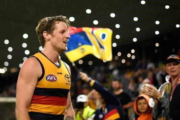 Rory Sloane of the Crows celebrates his team's victory during the round 13 AFL match between the St Kilda Saints and the Adelaide Crows at Cazaly's...