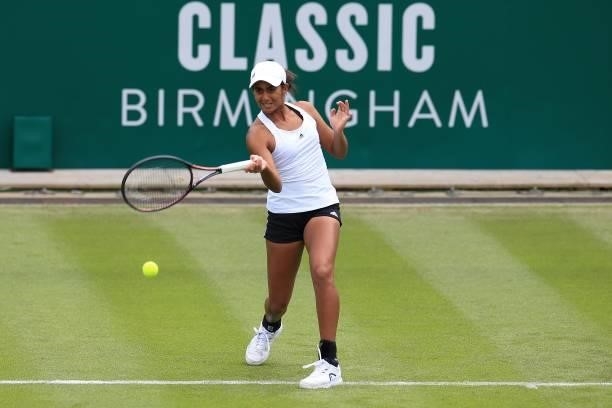 Naiktha Bains of Great Britain in action against Ingrid Neel of USA in qualifying during the Viking Classic Birmingham at Edgbaston Priory Club on...