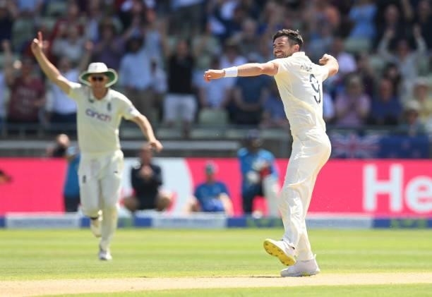 James Anderson of England celebrates after dismissing Neil Wagner of New Zealand during the third day of the second LV= Test Match between England...