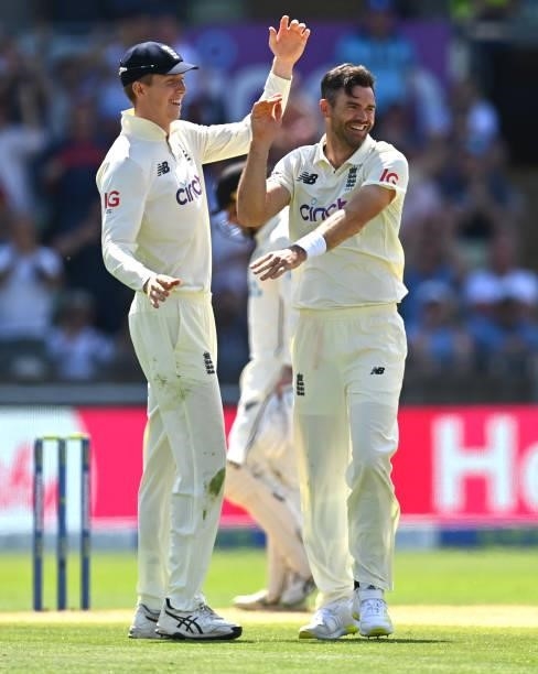 England bowler James Anderson celebrates with Zak Crawley after taking the wicket of Neil Wagner during day three of the second LV= Insurance Test...