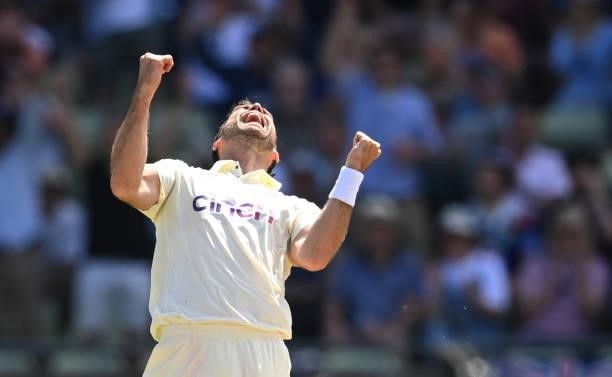 James Anderson of England celebrates after dismissing Neil Wagner of New Zealand during the third day of the second LV= Test Match between England...