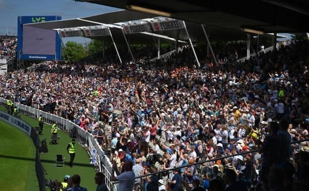 General view of the Hollies Stand at Edgbaston as the crowd celebrate the wicket taken by England bowler James Anderson of Neil Wagner during day...