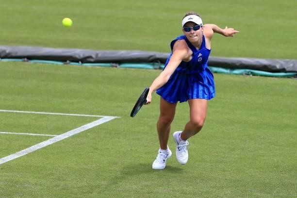 Katie Volynets of USA in action against Vitalia Diatchenko of Russia in qualifying during the Viking Classic Birmingham at Edgbaston Priory Club on...