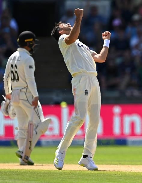 England bowler James Anderson celebrates after taking the wicket of Neil Wagner during day three of the second LV= Insurance Test Match between...