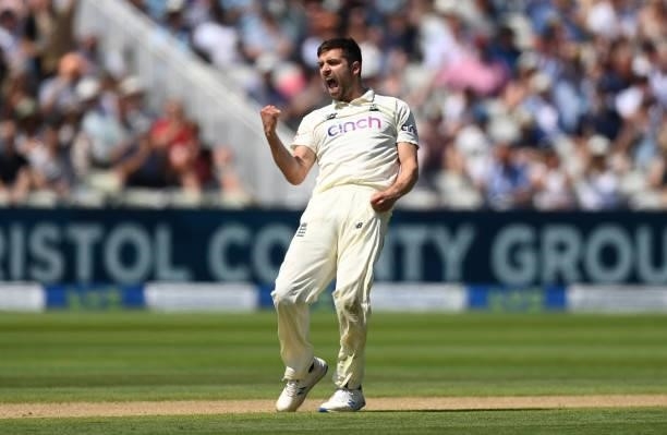 England bowler Mark Wood celebrates after taking the wicket of Matt Henry during day three of the second LV= Insurance Test Match between England and...