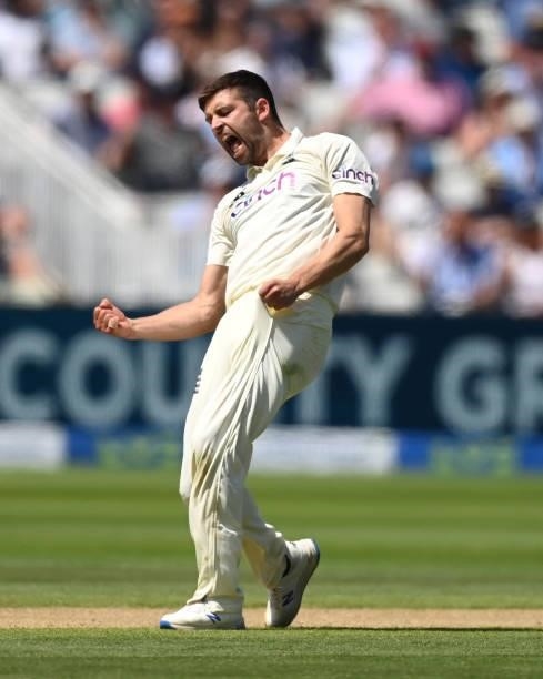 England bowler Mark Wood celebrates after taking the wicket of Matt Henry during day three of the second LV= Insurance Test Match between England and...