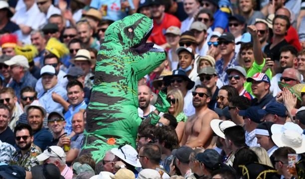 Fans dressed as Dinosaurs in the Hollies Stand amongst the throng during day three of the second LV= Insurance Test Match between England and New...