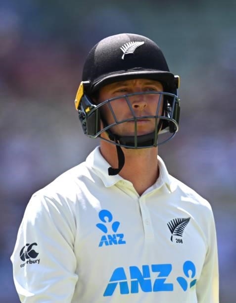 New Zealand batsman Matt Henry leaves the field after being dismissed for 12 runs during day three of the second LV= Insurance Test Match between...