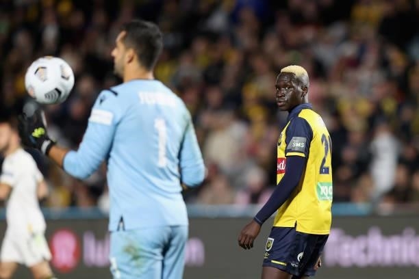 Alou Kuol of the Mariners reacts during the A-League Elimination Final match between Central Coast Mariners and Macarthur FC at Central Coast...