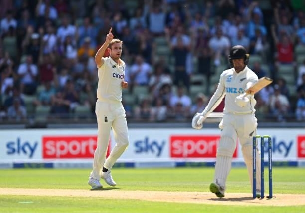 England bowler Stuart Broad celebrates after taking the wicket of Tom Blundell for 34 runs during day three of the second LV= Insurance Test Match...