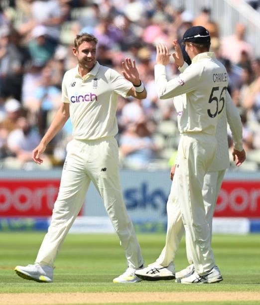 England bowler Stuart Broad celebrates after taking the wicket of Tom Blundell for 34 runs during day three of the second LV= Insurance Test Match...