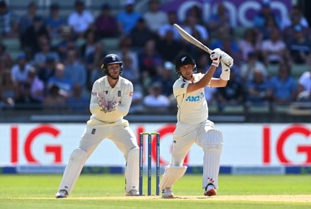 New Zealand batsman Trent Boult in batting action watched by wicketkeeper James Bracey day three of the second LV= Insurance Test Match between...