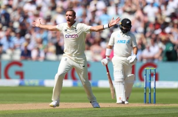 England bowler Stuart Broad appeals with success for the wicket of Ajaz Patel during day three of the second LV= Insurance Test Match between England...