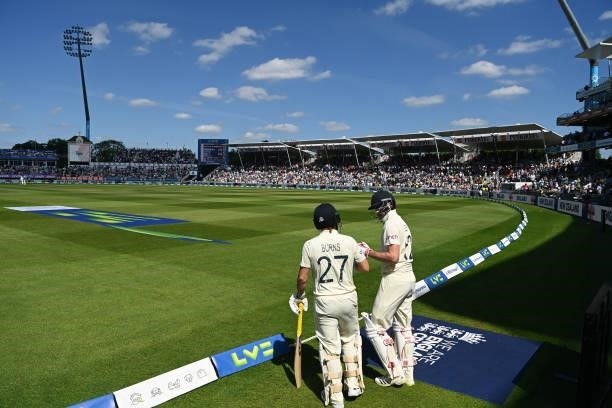 England opening batsman Dom Sibley and Rory Burns head out to bat in the second innings during day three of the second LV= Insurance Test Match...