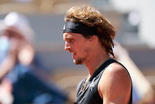 Alexander Zverev of Germany in his Semi Final match against Stefanos Tsitsipas of Greece during day thirteen of the 2021 French Open at Roland Garros...