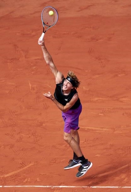 Alexander Zverev of Germany serves in his Semi Final match against Stefanos Tsitsipas of Greece during day thirteen of the 2021 French Open at Roland...
