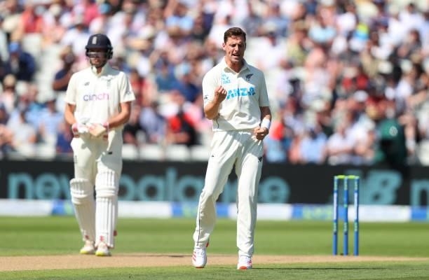 New Zealand bowler Matt Henry celebrates after taking the wicket of England opening batsman Rory Burns for 0 during day three of the second LV=...