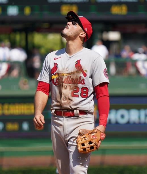 Nolan Arenado of the St. Louis Cardinals stands at third base during the sixth inning of a game against the Chicago Cubs at Wrigley Field on June 11,...