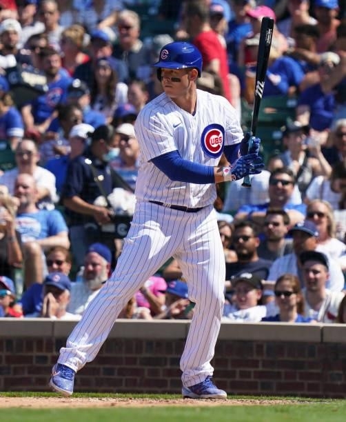 Anthony Rizzo of the Chicago Cubs bats against the St. Louis Cardinals at Wrigley Field on June 11, 2021 in Chicago, Illinois.