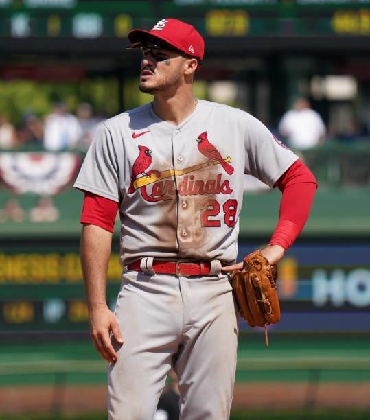 Nolan Arenado of the St. Louis Cardinals stands at third base during the sixth inning of a game against the Chicago Cubs at Wrigley Field on June 11,...