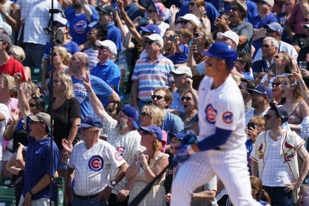 Anthony Rizzo of the Chicago Cubs hits a home run during the sixth inning of a game against the St. Louis Cardinals at Wrigley Field on June 11, 2021...