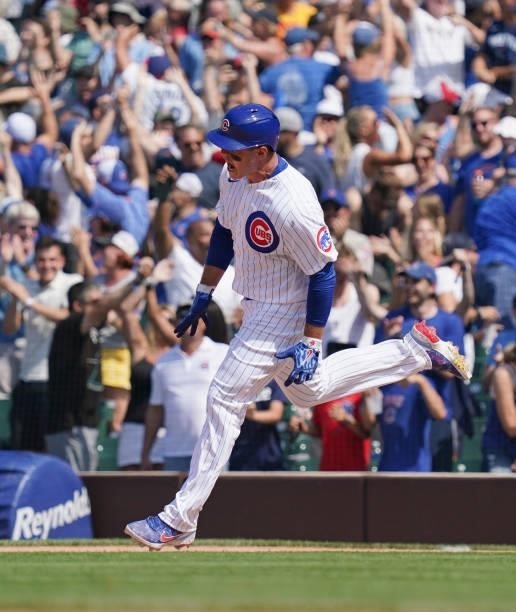 Anthony Rizzo of the Chicago Cubs hits a home run during the sixth inning of a game against the St. Louis Cardinals at Wrigley Field on June 11, 2021...