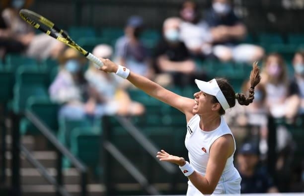 Johanna Konta of Great Britain plays smash shot against Nina Stojanovic of Serbia during the Viking Open women's semi-finals match on day eight at...