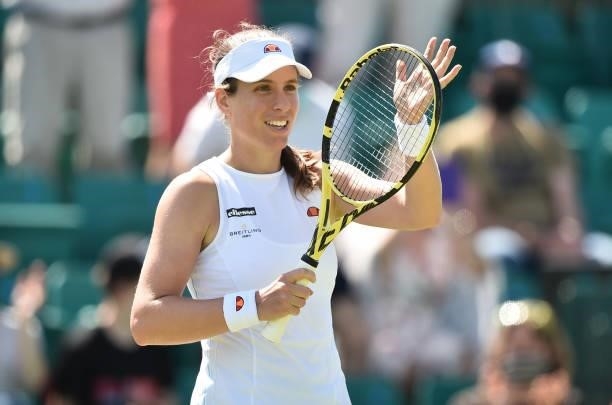 Johanna Konta of Great Britain applauds the crowd after she beats Nina Stojanovic of Serbia during the Viking Open women's semi-finals match on day...