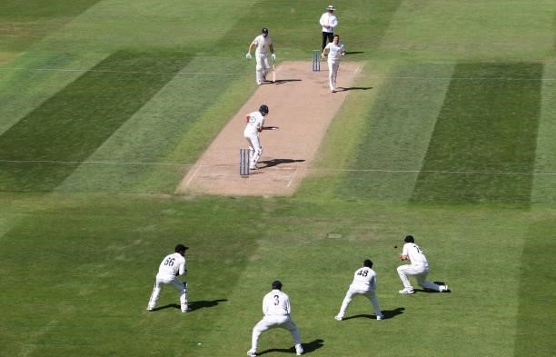 England opening batsman Dom Sibley looks round to see New Zealand slip Daryl Mitchell take the catch to dismiss him off the bowling of Matt Henry for...