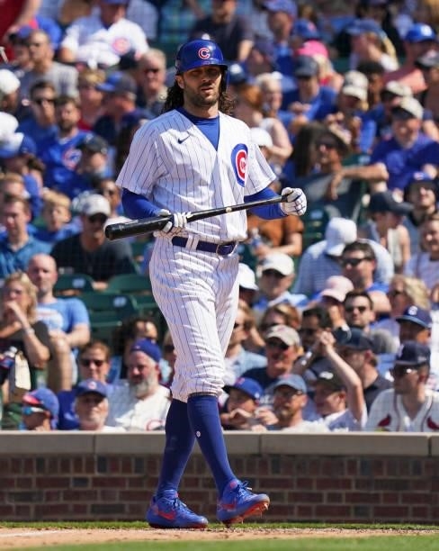 Jake Marisnick of the Chicago Cubs bats against the St. Louis Cardinals at Wrigley Field on June 11, 2021 in Chicago, Illinois.