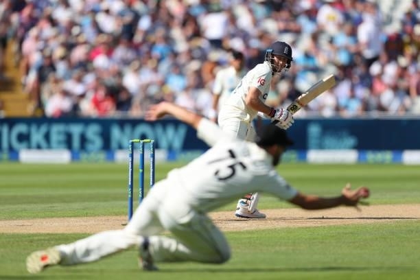 England batsman Joe Root runs the ball down towards third slip where Daryl Mitchell fields during day three of the second LV= Insurance Test Match...