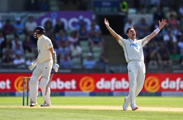 New Zealand bowler Matt Henry appeals with success for the wicket of England batsman Zak Crawley during day three of the second LV= Insurance Test...