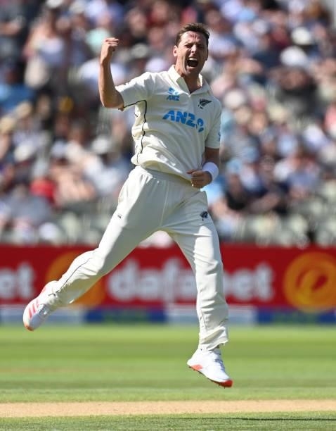 New Zealand bowler Matt Henry celebrates after taking the wicket of England batsman Zak Crawley during day three of the second LV= Insurance Test...