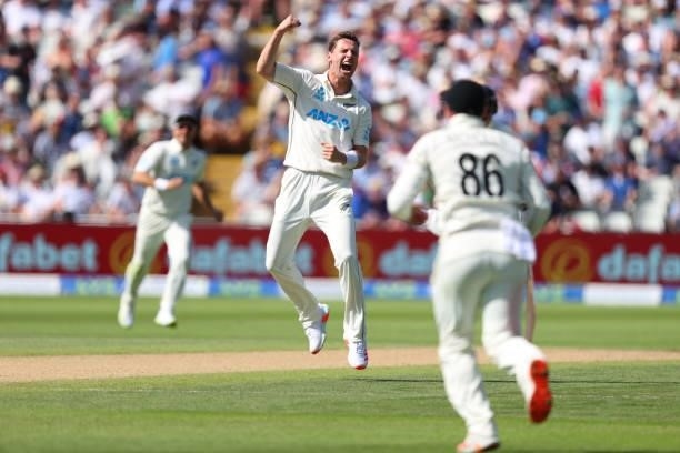 New Zealand bowler Matt Henry celebrates after taking the wicket of England batsman Zak Crawley during day three of the second LV= Insurance Test...