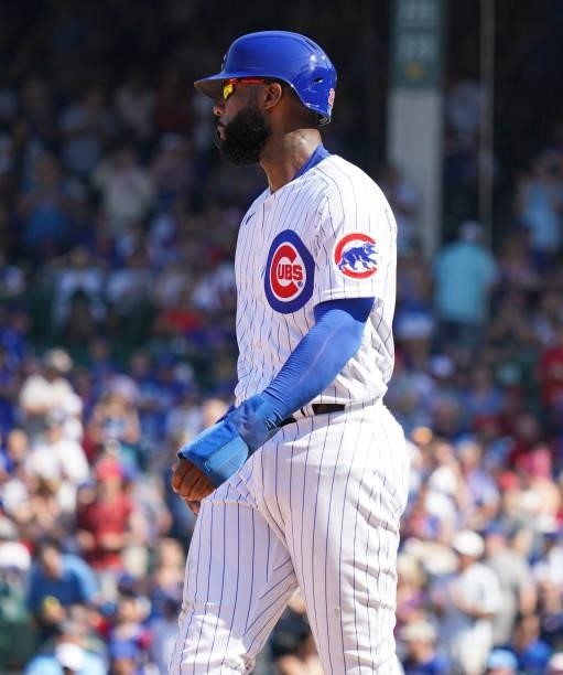 Jason Heyward of the Chicago Cubs stands at third base during the seventh inning of a game against the St. Louis Cardinals at Wrigley Field on June...