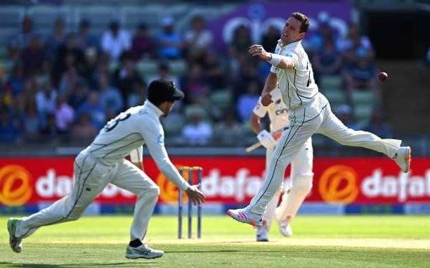 New Zealand bowler Matt Henry jumps to field off his own bowling during day three of the second LV= Insurance Test Match between England and New...