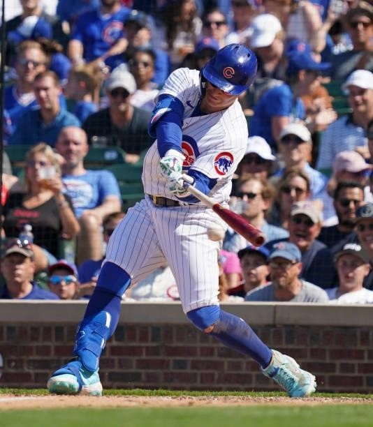 Joc Pederson of the Chicago Cubs bats against the St. Louis Cardinals at Wrigley Field on June 11, 2021 in Chicago, Illinois.