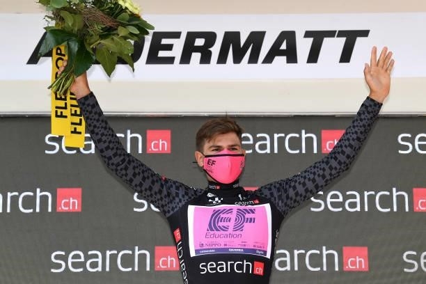 Stefan Bissegger of Switzerland and Team EF Education - Nippo Black Points Jersey celebrates at podium during the 84th Tour de Suisse 2021, Stage 7 a...