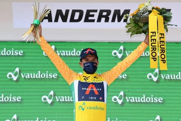 Richard Carapaz of Ecuador and Team INEOS Grenadiers yellow leader jersey celebrates at podium during the 84th Tour de Suisse 2021, Stage 7 a 23,2km...