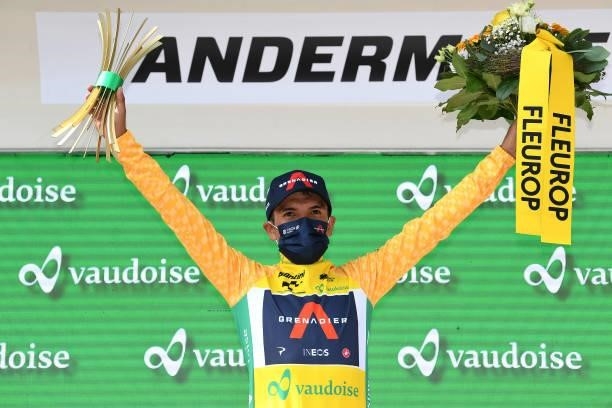 Richard Carapaz of Ecuador and Team INEOS Grenadiers yellow leader jersey celebrates at podium during the 84th Tour de Suisse 2021, Stage 7 a 23,2km...