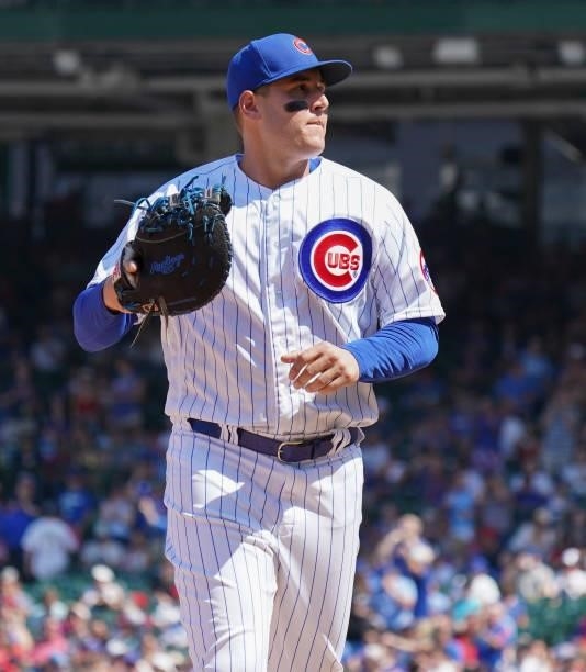 Anthony Rizzo of the Chicago Cubs runs to the dugout during a game against the St. Louis Cardinals at Wrigley Field on June 11, 2021 in Chicago,...