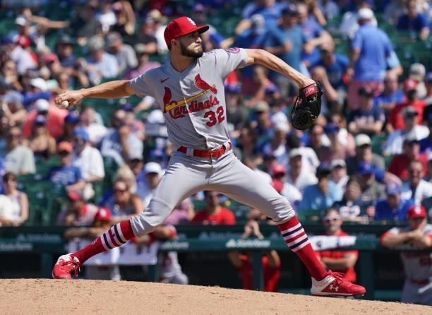 Daniel Ponce de Leon of the St. Louis Cardinals throws a pitch against the Chicago Cubs at Wrigley Field on June 11, 2021 in Chicago, Illinois.